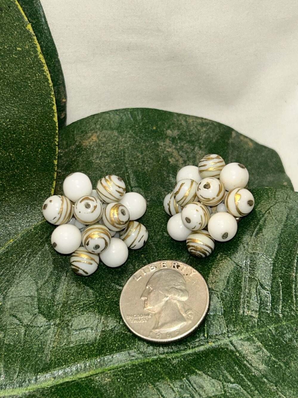 Vintage Made in Western Germany White and Gold Striped Bead Clip-On Earrings